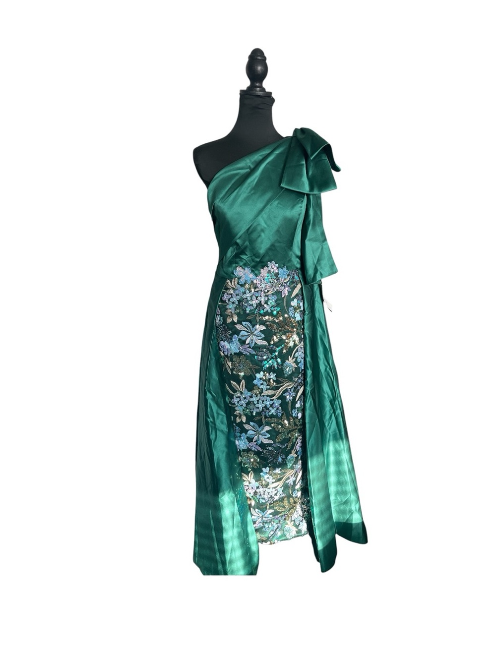 NWT One-Shoulder Emerald Green Evening Gown with Embroidered Panel By TS Conture - Picture 4 of 6